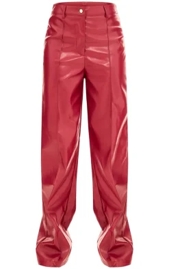 Red Faux Leather Seam Detail Straight Leg Pants