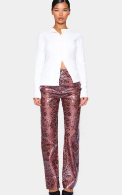Red Faux Leather Snake Printed Straight Leg Pants