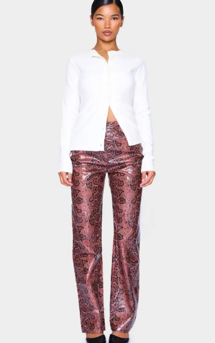 Red Faux Leather Snake Printed Straight Leg Pants