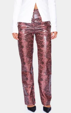 Red Faux Leather Snake Printed Straight Leg Pants