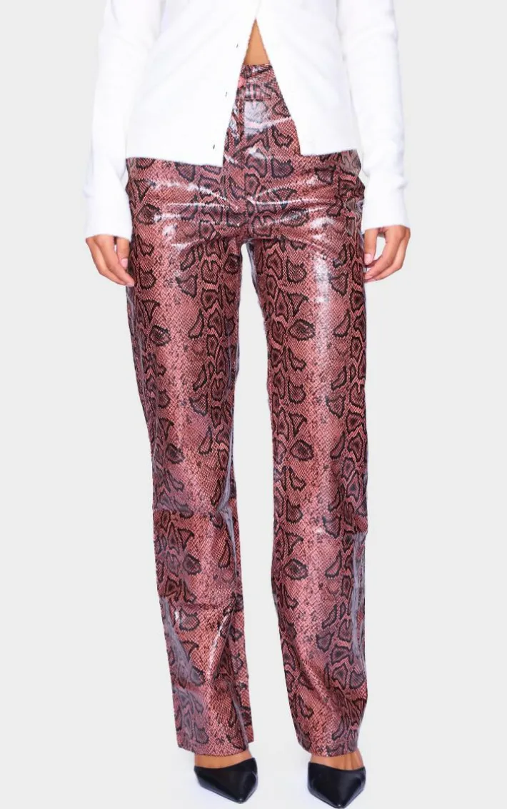 Red Faux Leather Snake Printed Straight Leg Pants