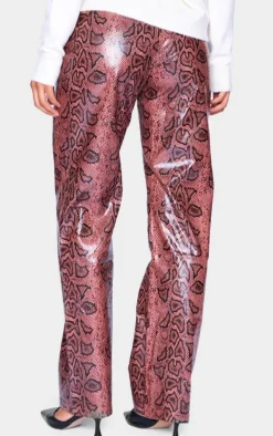 Red Faux Leather Snake Printed Straight Leg Pants