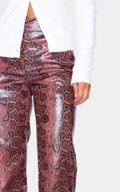 Red Faux Leather Snake Printed Straight Leg Pants