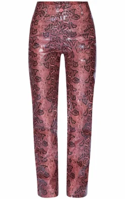 Red Faux Leather Snake Printed Straight Leg Pants