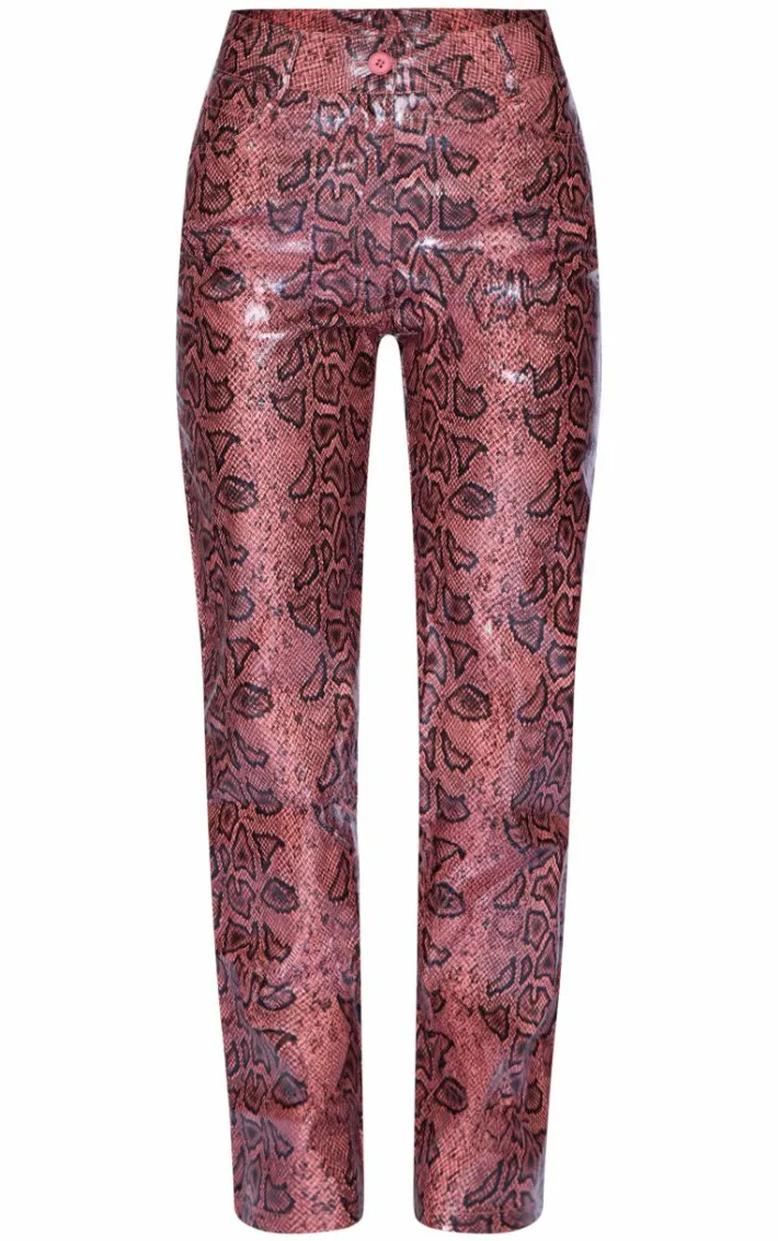 Red Faux Leather Snake Printed Straight Leg Pants