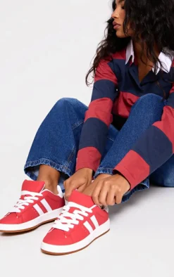 Red Faux Suede Stripe Chunky Lace Up Sneakers