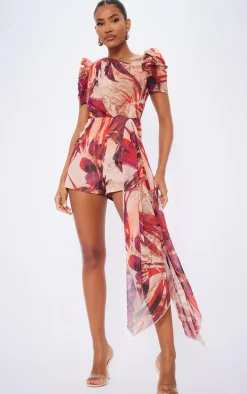 Red Floral Asymmetric Neck Drape Detail Romper