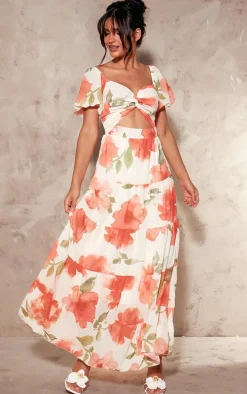 Red Floral Chiffon Bardot Maxi Dress