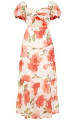 Red Floral Chiffon Bardot Maxi Dress