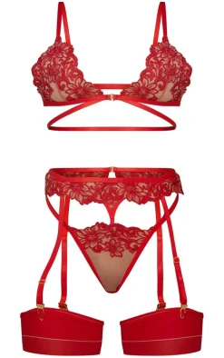 Red Floral Embroidered Lace Strapping Detail 3 Piece Lingerie Set