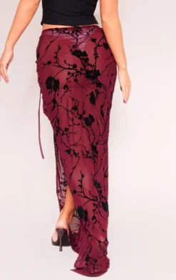 Red Floral Flocked Mesh Ruched Side Maxi Skirt