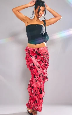 Red Floral Flocked Velvet Ruffle Front Maxi Skirt