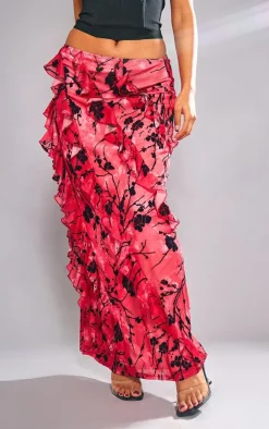 Red Floral Flocked Velvet Ruffle Front Maxi Skirt