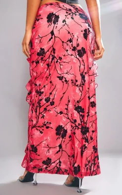 Red Floral Flocked Velvet Ruffle Front Maxi Skirt