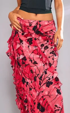 Red Floral Flocked Velvet Ruffle Front Maxi Skirt