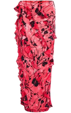 Red Floral Flocked Velvet Ruffle Front Maxi Skirt