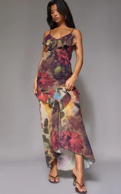 Red Floral Frill Strappy Maxi Dress