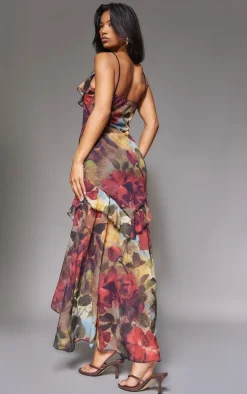 Red Floral Frill Strappy Maxi Dress