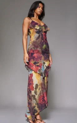 Red Floral Frill Strappy Maxi Dress