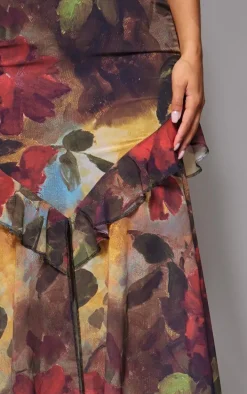 Red Floral Frill Strappy Maxi Dress