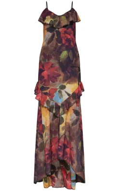 Red Floral Frill Strappy Maxi Dress