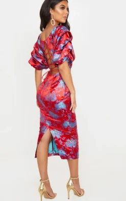 Red Floral Jacquard Lace Up Back Midi Dress