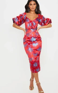 Red Floral Jacquard Lace Up Back Midi Dress