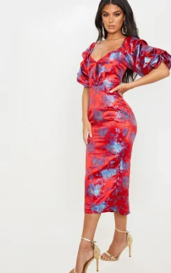 Red Floral Jacquard Lace Up Back Midi Dress