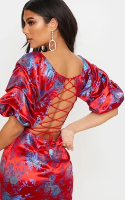 Red Floral Jacquard Lace Up Back Midi Dress