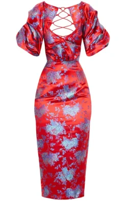 Red Floral Jacquard Lace Up Back Midi Dress