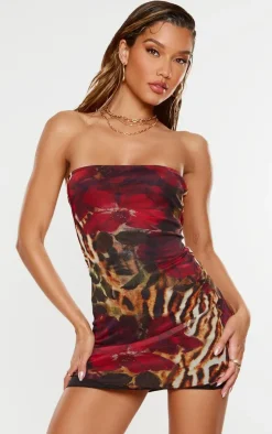 Red Floral Mesh Lettuce Hem Bandeau Bodycon Dress