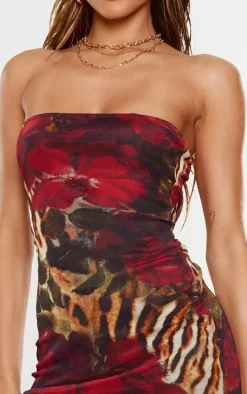 Red Floral Mesh Lettuce Hem Bandeau Bodycon Dress