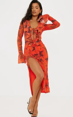 Red Floral Print Chiffon Frill Detail Midi Dress