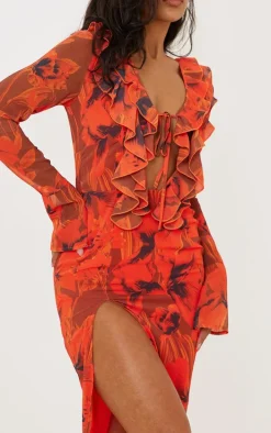 Red Floral Print Chiffon Frill Detail Midi Dress