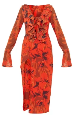 Red Floral Print Chiffon Frill Detail Midi Dress