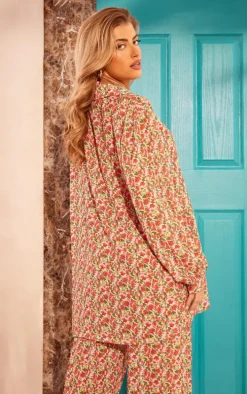 Red Floral Print Crinkle Oversized Beach Shirt