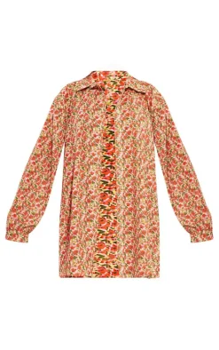 Red Floral Print Crinkle Oversized Beach Shirt