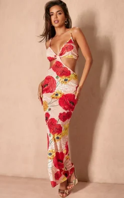 Red Floral Print Devore Cut Out Maxi Dress