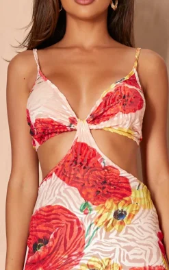 Red Floral Print Devore Cut Out Maxi Dress