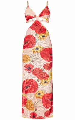 Red Floral Print Devore Cut Out Maxi Dress