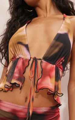Red Floral Print Mesh Halterneck Top