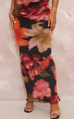 Red Floral Print Mesh Low Rise Midaxi Skirt