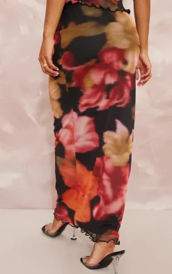 Red Floral Print Mesh Low Rise Midaxi Skirt