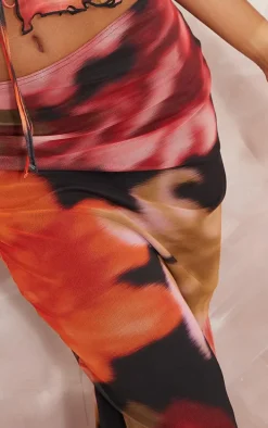 Red Floral Print Mesh Low Rise Midaxi Skirt