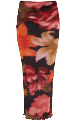 Red Floral Print Mesh Low Rise Midaxi Skirt