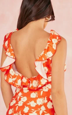 Red Floral Print Satin Frill Detail Low Back Shift Dress