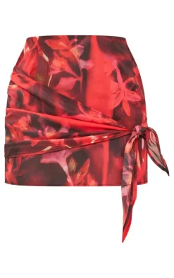Red Floral Print Textured Chiffon Knot Front Mini Skirt
