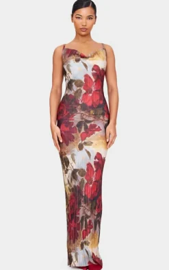 Red Floral Printed Plisse Strappy Maxi Dress