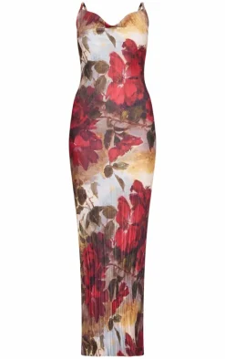 Red Floral Printed Plisse Strappy Maxi Dress