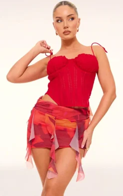 Red Floral Printed Ruffle Hem Mini Skirt